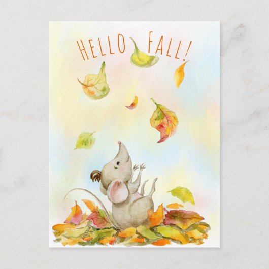 Carte Postale Souris mignonne et Feuilles de chute jaune orange (Devant)