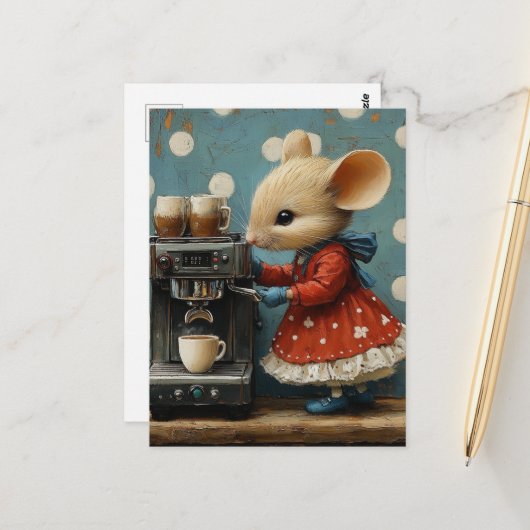 Carte Postale Souris Mignonne Prépare du Café (Devant/Arrière en situation)