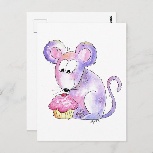 Carte Postale Souris Whimsical mignonne avec Cupcake (Devant / Derrière)