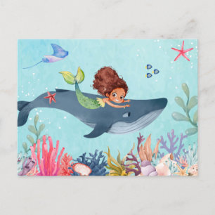 Carte Postale Sous la mer, petite sirène et baleine