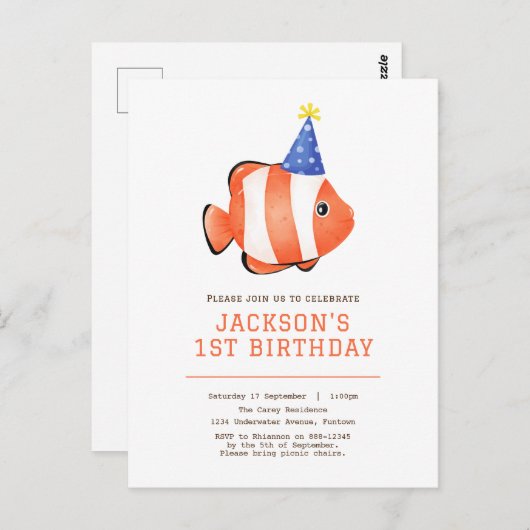 Carte Postale Sous l'invitation d'anniversaire de poisson clown  (Devant / Derrière)