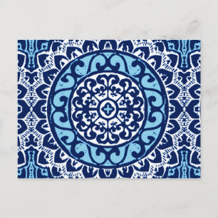 Carte Postale Southwestern Sun Mandala Batik, Navy Blue et White