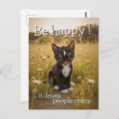 Carte Postale Soyez heureux - Chat gai dans la nature (Devant / Derrière)