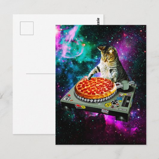 Carte Postale Space dj chat pizza (Devant / Derrière)
