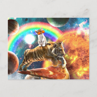 Carte Postale Space Galaxy Cat Riding Tiger sur Pizza