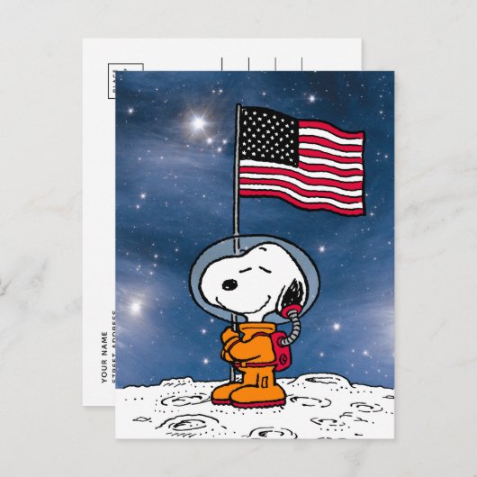 Carte Postale SPACE | Snoopy avec drapeau astronaute (Devant / Derrière)