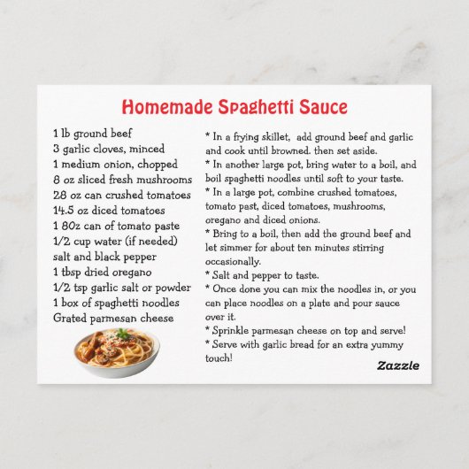 Carte Postale Spaghetti Sauce Recipe (Dos)