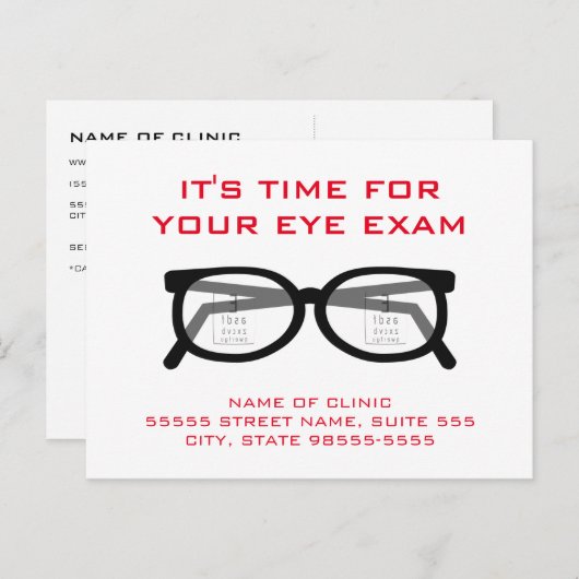 Carte Postale Spectacles modernes Examen Oeil Rappel de rendez-v (Devant / Derrière)