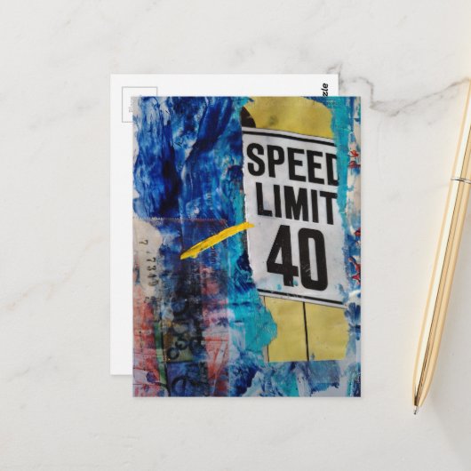 Carte Postale Speed Limit 40 mixed media collage (Devant/Arrière en situation)