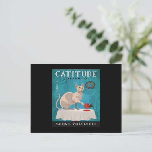Carte Postale Sphynx Cat Coffee Funny Catitude Serve Yourself (Debout devant)