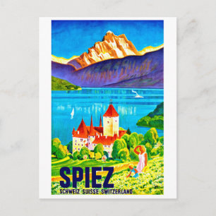 Carte Postale Spiez, champ vert devant la ville de Suisse