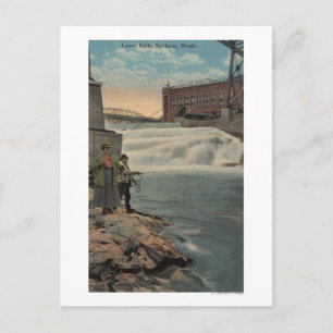 Carte Postale Spokane, WA - Pêche en couple à Lower Falls