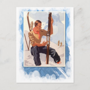 Carte Postale Sports d'hiver vintages - Réglage des skis