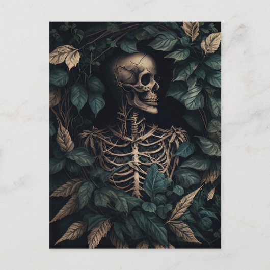 Carte Postale Squelette dans les feuilles vertes (Devant)