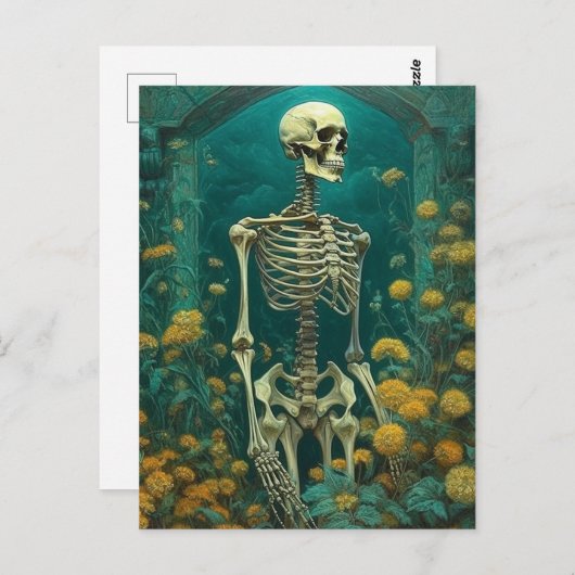 Carte Postale Squelette dans les fleurs (Devant / Derrière)