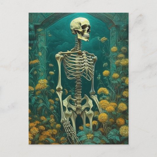 Carte Postale Squelette dans les fleurs (Devant)