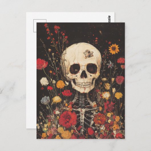 Carte Postale Squelette dans les fleurs (Devant / Derrière)