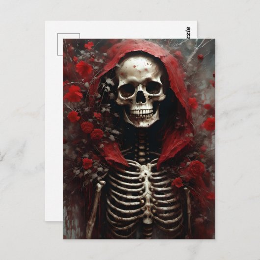 Carte Postale Squelette dans un cap rouge avec fleurs (Devant / Derrière)