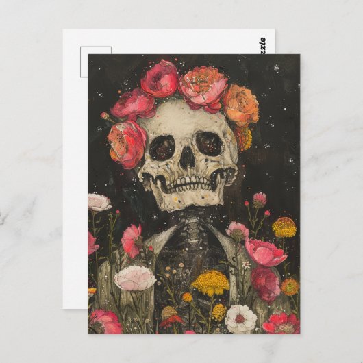 Carte postale Squelette et Fleurs (Devant / Derrière)