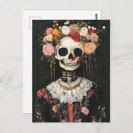 Carte Postale Squelette humain dans la couronne de Boho Floral (Devant / Derrière)