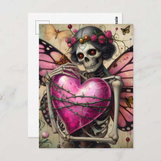 Carte Postale Squelette Imaginaire Avec Coeur En Fil Barbé (Devant / Derrière)