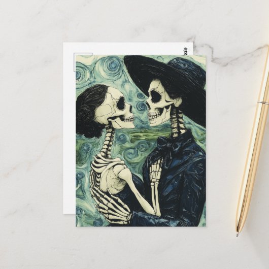 Carte Postale Squelettes Danse (Devant/Arrière en situation)