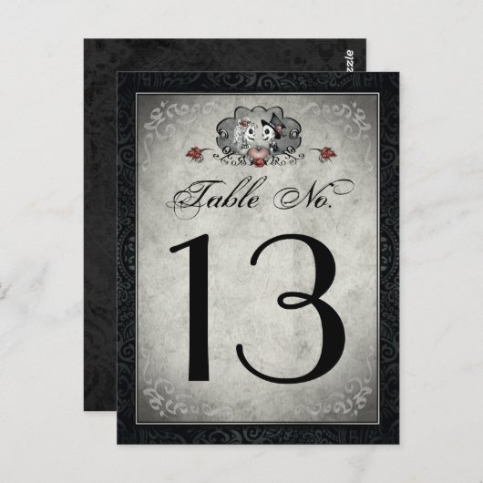 Carte Postale Squelettes mariages noir gris et chiffres de table (Devant / Derrière)