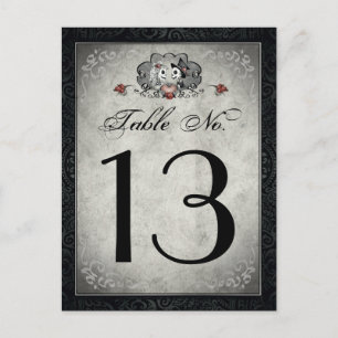 Carte Postale Squelettes mariages noir gris et chiffres de table