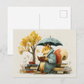 Carte Postale Squirrel Reading Books Under an Umbrella (Devant / Derrière)
