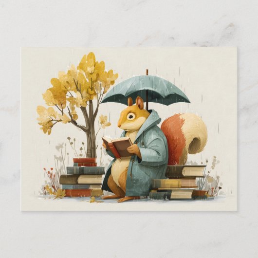 Carte Postale Squirrel Reading Books Under an Umbrella (Devant)