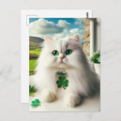 Carte Postale St. Patricks Day Chat Fluffy Blanc Chat Yeux verts (Devant / Derrière)