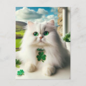 Carte Postale St. Patricks Day Chat Fluffy Blanc Chat Yeux verts (Devant)