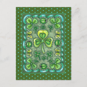 CARTE POSTALE ST. PATRICK'S DAY FOLK ART SHAMROCKS N'LADYBUGS