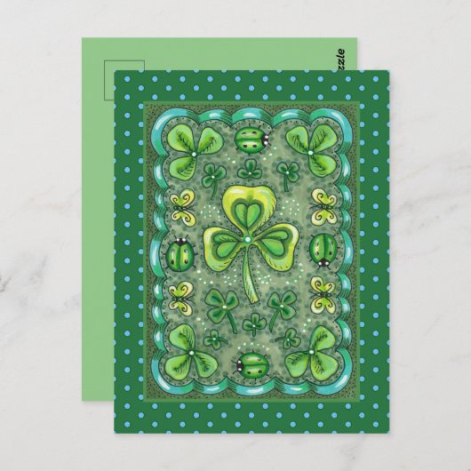 CARTE POSTALE ST. PATRICK'S DAY FOLK ART SHAMROCKS N'LADYBUGS (Devant / Derrière)