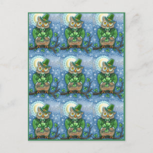 CARTE POSTALE ST. PATRICK'S DAY OWL, 4 HORLOGE LEPRECHAUN