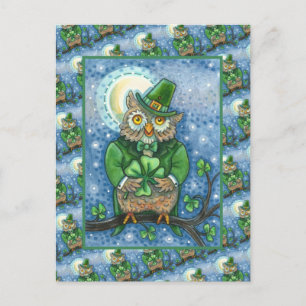 CARTE POSTALE ST. PATRICK'S DAY OWL, 4 HORLOGE LEPRECHAUN