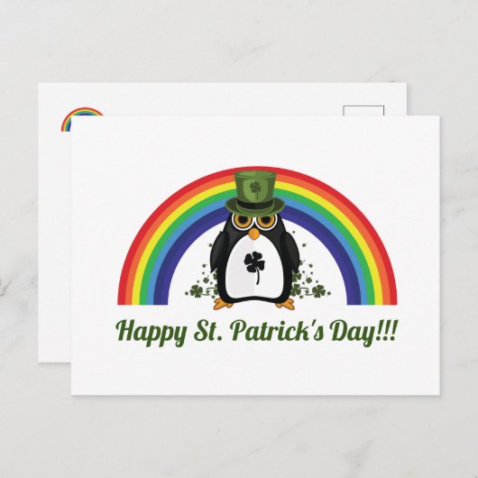 Carte Postale St. Patricks Day Penguin et Rainbow (Devant / Derrière)