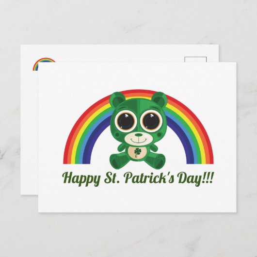 Carte Postale St. Patricks Day Teddy Bear et Rainbow Postcard (Devant / Derrière)