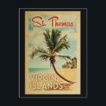 Carte Postale St Thomas Palm Tree Vintage voyage<br><div class="desc">Une gravure d'art moderne de St Thomas Virgin Islands,  rétro et unique au milieu du siècle,  dans un style d'affiche de voyage vintage. Il dispose d'un palmier incurvé sur une plage de sable avec l'océan sous un ciel bleu nuageux.</div>