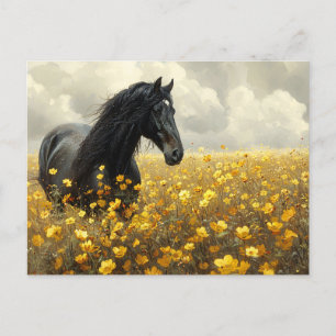 Carte Postale Stallion noir avec Fleurs sauvages jaunes