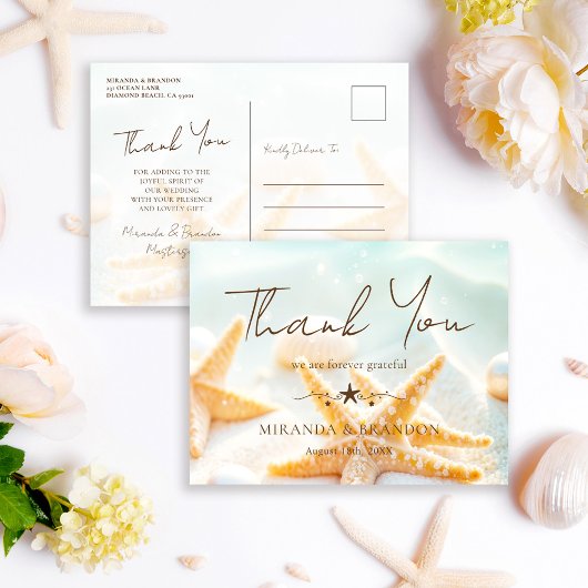 Carte Postale Starfish Shells Ocean Beach Wedding Thank You