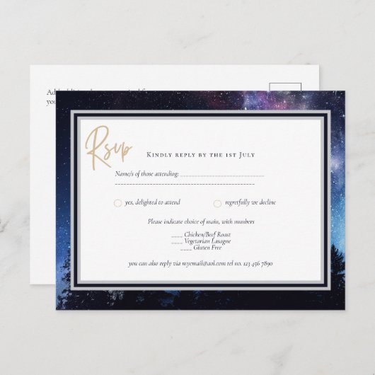 Carte Postale Starry Night Galaxy Mariage RSVP Marine Gold Postc (Devant / Derrière)