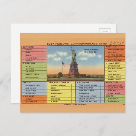 Carte Postale Statue de la Liberté (Devant / Derrière)