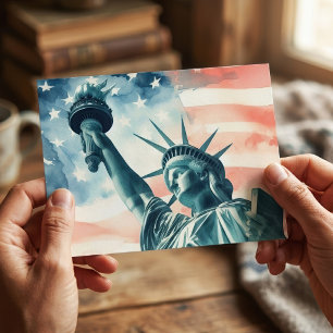 Carte Postale Statue de la Liberté à l'aquarelle avec drapeau am