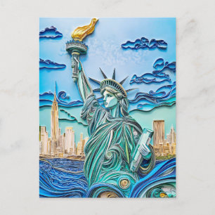 Carte Postale Statue de la Liberté au coucher du soleil en quill