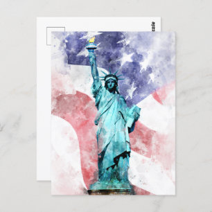 Carte Postale Statue de la Liberté avec aquarelle drapeau