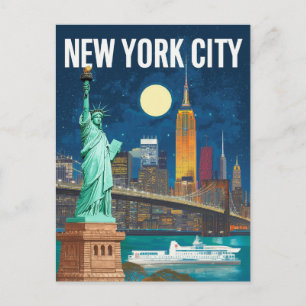 Carte Postale Statue de la Liberté de New York et Skyline Retro