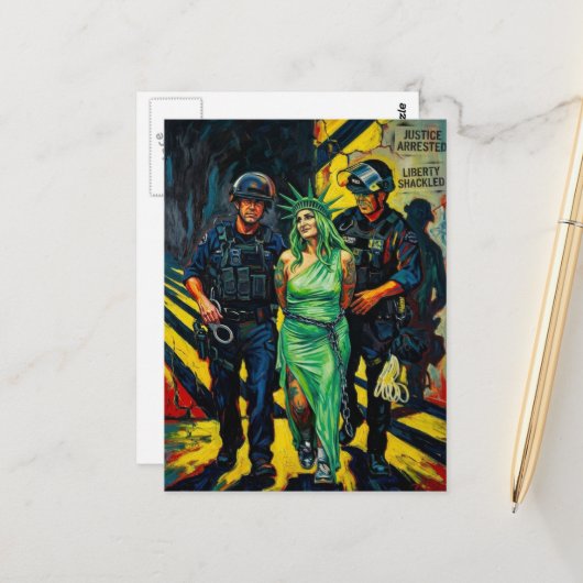 Carte Postale Statue de la Liberté entravée et arrêtée (Devant/Arrière en situation)