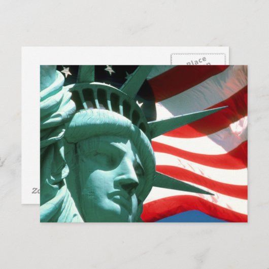 CARTE POSTALE STATUE DE LIBERTÉ AVEC DRAPEAU AMÉRICAIN (Devant / Derrière)