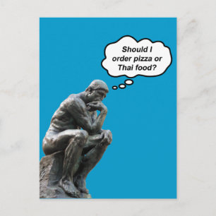 Carte Postale Statue drôle de Rodin Thinker - Pizza ou nourritur